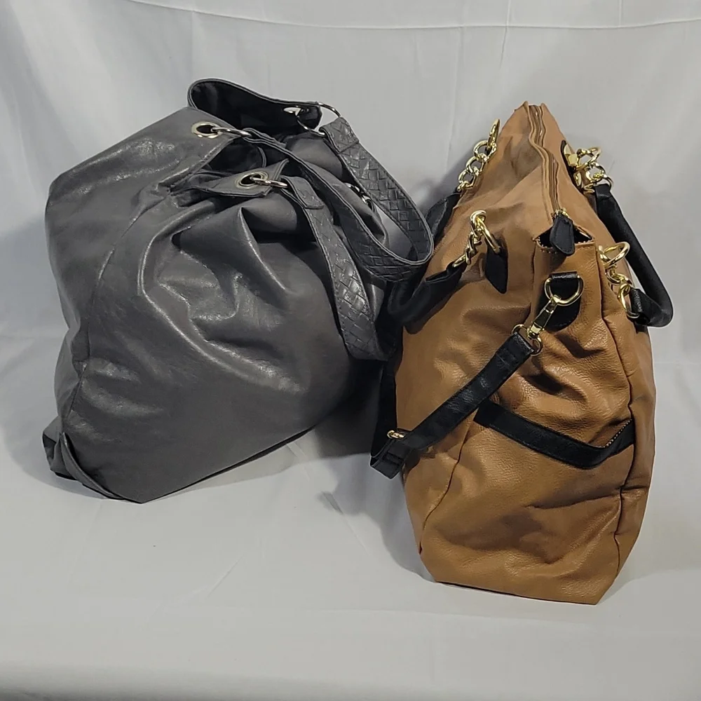 2 Large Hobo Style Bags Grey and Tan Faux Leather (Unbranded) - Picture 2 of 7
